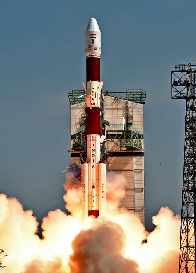 Indian Space Research Organisation (ISRO)'s PSLV C38, carrying earth observation satellite Cartosat-2 Series and 30 co-passenger satellites of various countries, lifts off from Satish Dhawan Space Center in Sriharikota