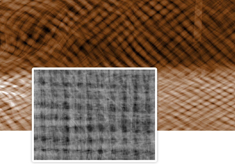 ADVACAM Non-destructive testing: INSPECT COMPOSITE FIBER ORIENTATION. The orientation of fibers in a composite material is clearly visualized at a resolution of 55 µm. In the upper image, you can see light aircraft composite part. It shows fiber bunches' alignment, distribution, and location in high resolution. Below is a picture of a sports car composite door where individual fibers can be detected.