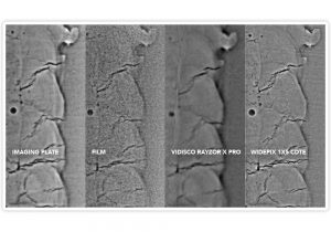 ADVACAM Non-destructive testing: METAL WELD INSPECTION: A high-resolution image of legendary BAM-5 weld done by WidePIX 1x5 CdTe camera (1280 x 256 pixels, 55µm pixel pitch) compared to images of the same sample taken with other standard and mostly used alternative technologies. The camera was placed just behind the sample and ordinary X-ray tube (160 kVp, 0,4 mm focal spot) in a distance of 50 cm. The exposure time was 50 seconds. These hand-welded 8mm thick steel plates with all types of welding flaws became standard in the field of non-destructive testing of steel welds. The superior quality is obvious.