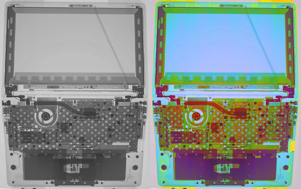 ADVACAM Non-destructive testing: SPECTRAL IMAGING FOR NON-DESTRUCTIVE TESTING. An example of spectral X-ray imaging is the differentiation of materials in electronics. A laptop was scanned using the Widepix MPX3 CdTe detector on the robotic scanner. The resulting scan has 7852x9880 pixels, i.e., 77.6M pixels. Both the grayscale and “color” X-ray images are shown.