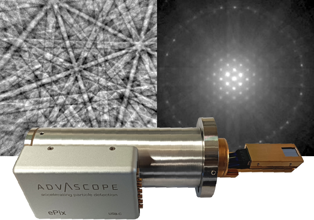 Examples of measurements with Timepix detectors utilized by our spin-off company AdvaScope. On the left side: An EBSD diffraction pattern of Nickel. On the right: A diffraction pattern measured for the Si sample aligned to [100] zone axis. Below: An example of an implementation of a Timepix3 detector together with the retraction device that has been installed on a TEM. The external electronics are located and attached to the casing. It is connected via a PCB feedthrough to the vacuum chamber.