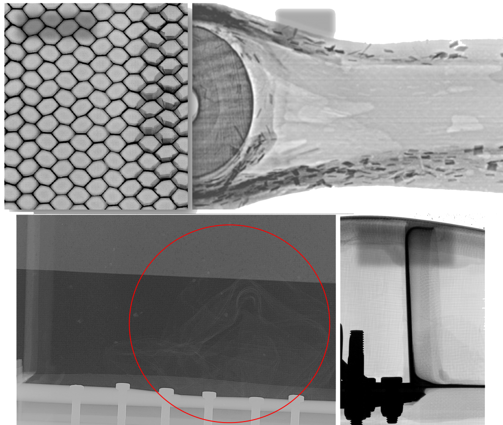 Scans of a composite honeycomb, propeller or interior of a wing root. In the red circle, there is clearly visible a foreign object: A cloth left inside the composite wing. The images were taken by a WidePIX camera featured by the robotic system of our partner company Radalytica.