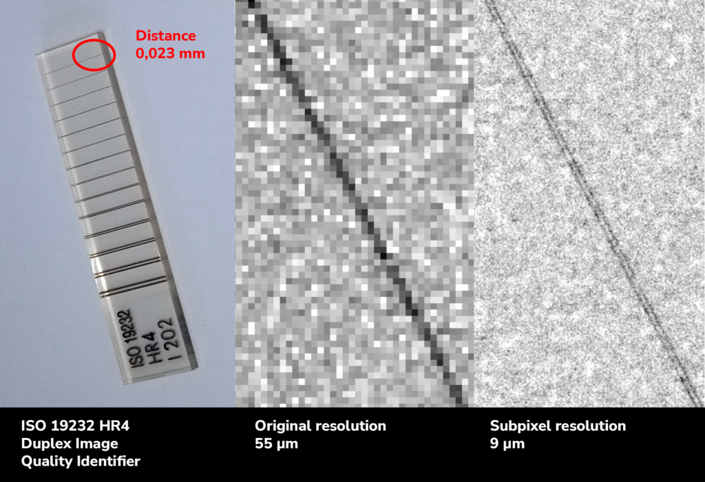 A test conducted with an ISO 19232 HR4 Duplex Image Quality Identifier demonstrates the capability of the AdvaPIX camera to attain deep subpixel resolution through advanced post-processing techniques. In the image, the smallest distance between two wires was 0.023 mm. The enhanced resolution was achieved at 9 µm, significantly improving over the native 55 µm. The result was captured by an AdvaPIX camera, utilizing settings of 160 kVp, 500 µA, with a 5 mm Fe filter and an exposure time of 100 seconds.